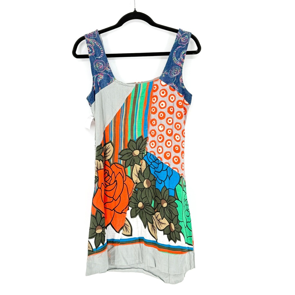 Patchwork Festival Striped Crocheted Lace Cotton Mini Dress Multicolor Size M